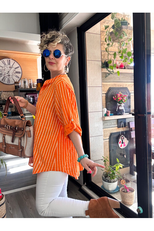 Bippa Çizgili Desen İtalyan Gömlek Orange