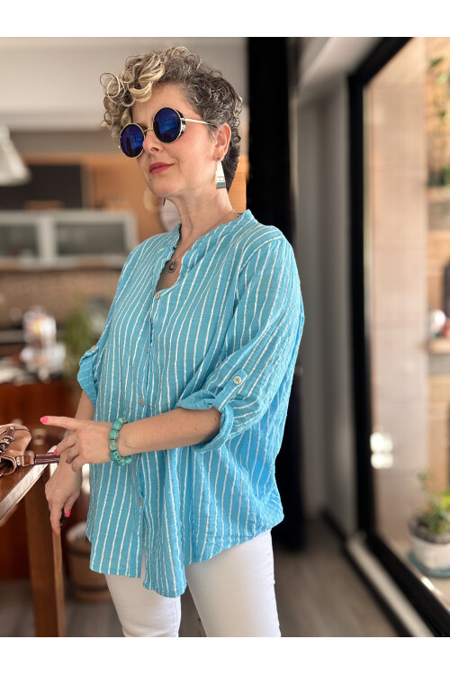 Bippa Çizgili Desen İtalyan Gömlek Turkuaz