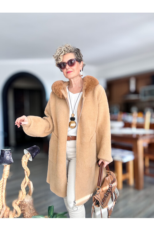 Camisa İthal Angore Kürk Kapşon Beşgen Cep Ceket Camel