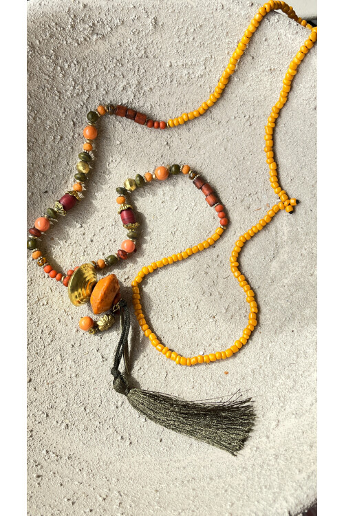 Cane Pirinç Cam Etnik Kolye