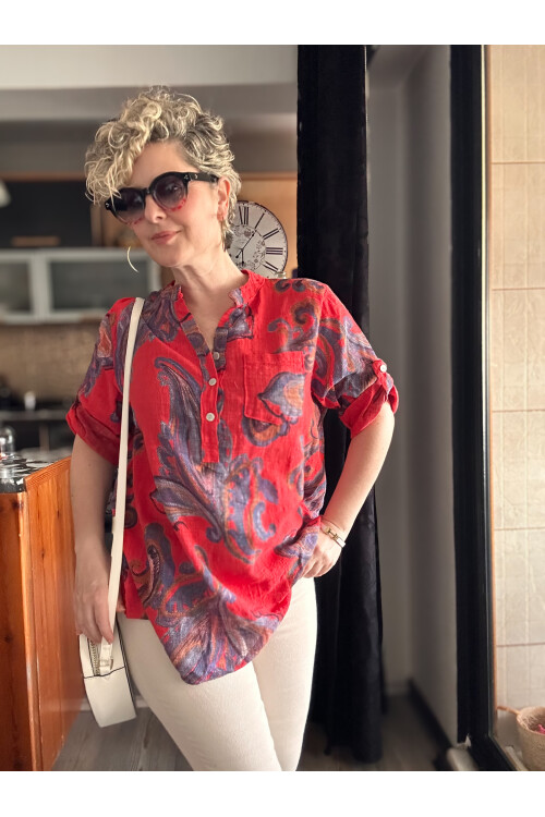 Cassa Yaprak Desen İtalyan Gömlek Kırmızı