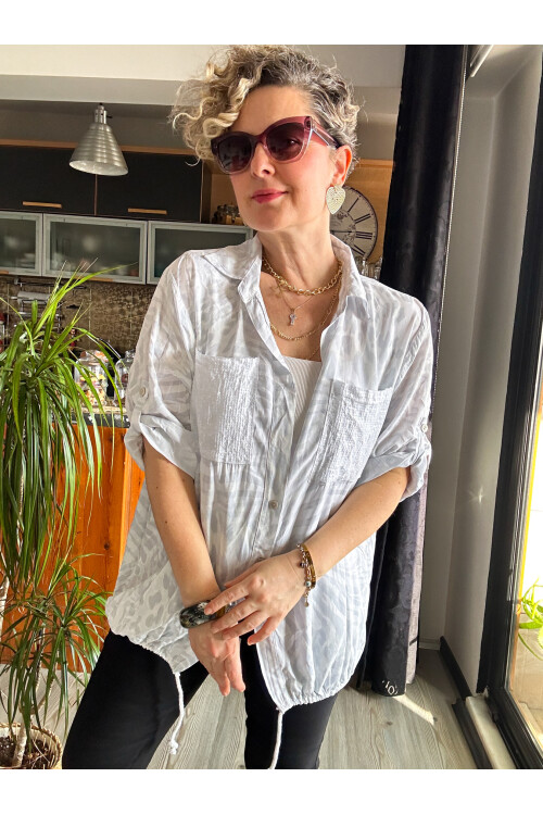 Cento Leopar Pul Detaylı Tasarım Gömlek Beyaz