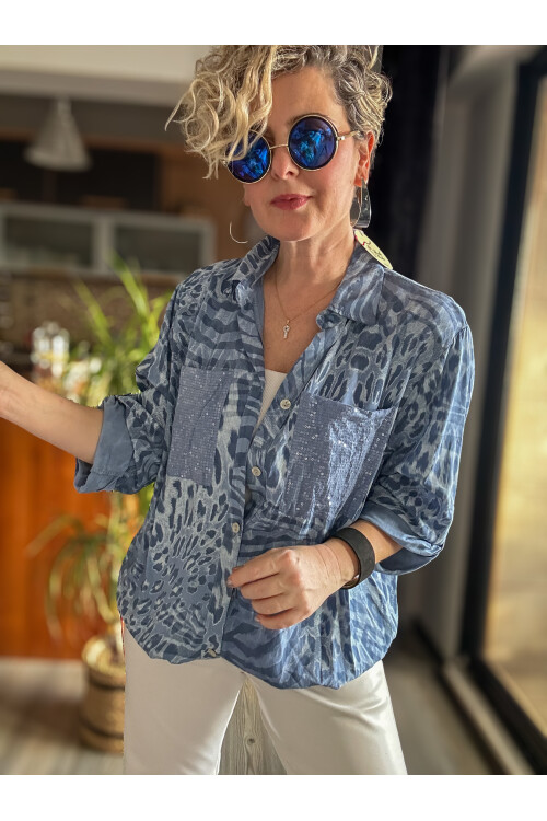 Cento Leopar Pul Detaylı Tasarım Gömlek İndigo