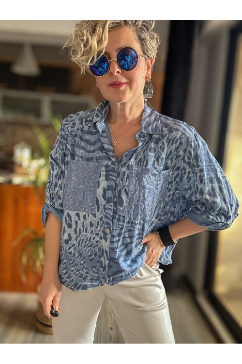 Cento Leopar Pul Detaylı Tasarım Gömlek İndigo