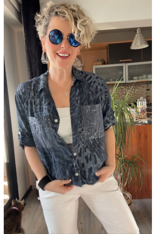 Cento Leopar Pul Detaylı Tasarım Gömlek Lacivert