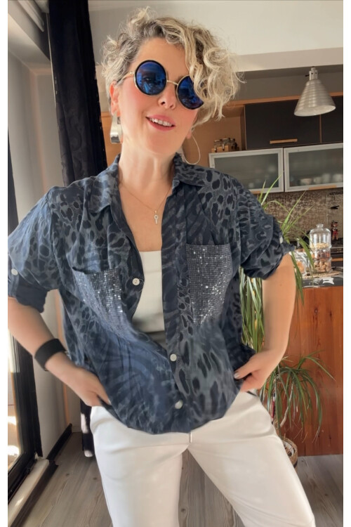 Cento Leopar Pul Detaylı Tasarım Gömlek Lacivert