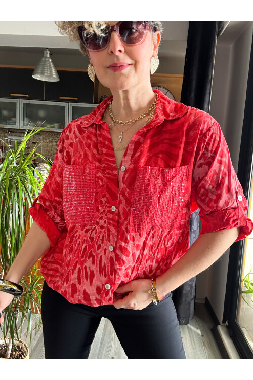 Cento Leopar Pul Detaylı Tasarım Gömlek Nar Çiçeği