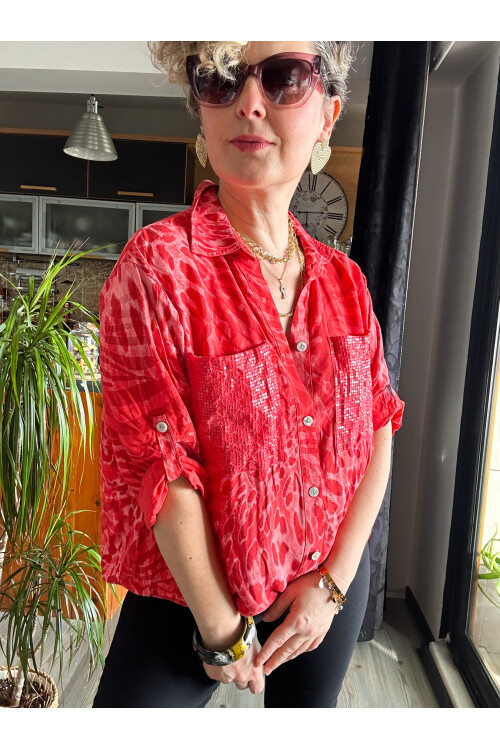 Cento Leopar Pul Detaylı Tasarım Gömlek Nar Çiçeği