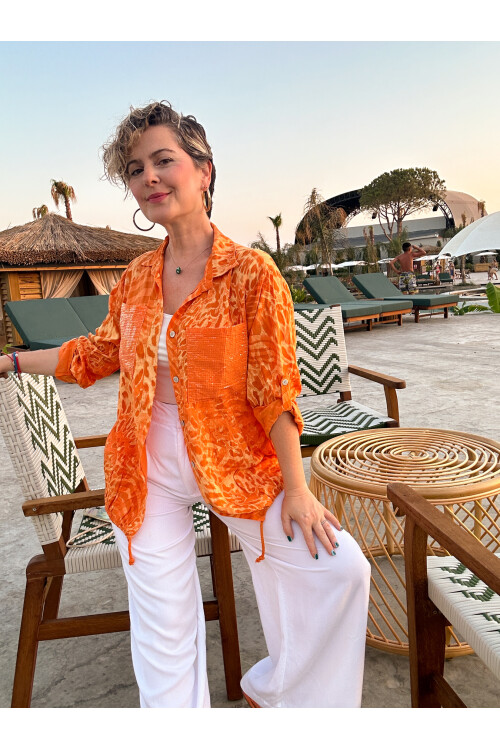 Cento Leopar Pul Detaylı Tasarım Gömlek Orange