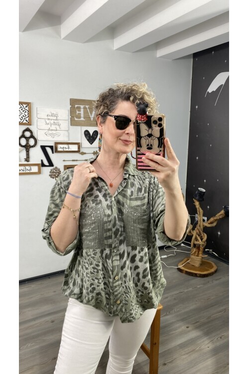 Cento Leopar Pul Detaylı Tasarım Gömlek Haki