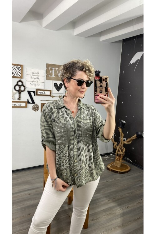 Cento Leopar Pul Detaylı Tasarım Gömlek Haki