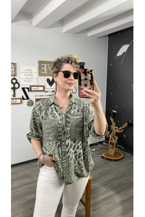 Cento Leopar Pul Detaylı Tasarım Gömlek Haki