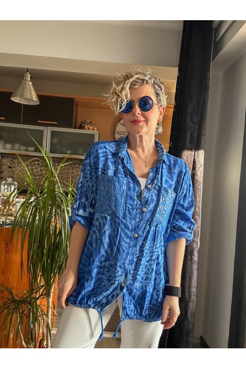 Cento Leopar Pul Detaylı Tasarım Gömlek Saks Mavi