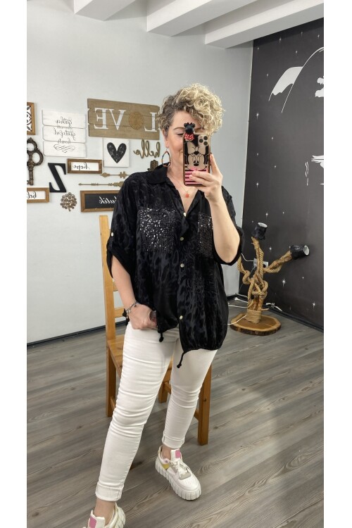 Cento Leopar Pul Detaylı Tasarım Gömlek Siyah