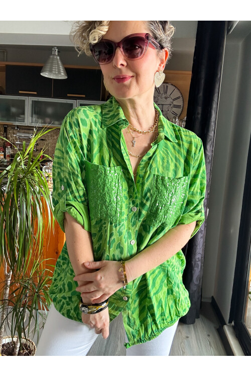 Cento Leopar Pul Detaylı Tasarım Gömlek Yeşil