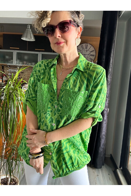 Cento Leopar Pul Detaylı Tasarım Gömlek Yeşil