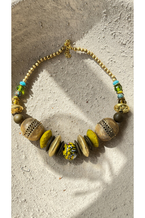 Cintura  Pirinç Cam Etnik Kolye Safran