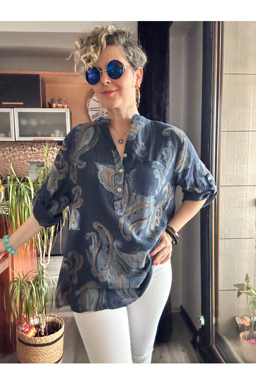 Citta Şal Yaprak Desen İtalyan Gömlek Lacivert
