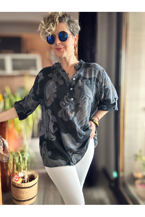 Citta Şal Yaprak Desen İtalyan Gömlek Siyah