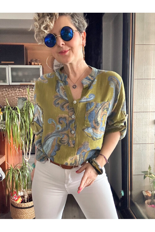 Citta Şal Yaprak Desen İtalyan Gömlek Yağ Yeşil