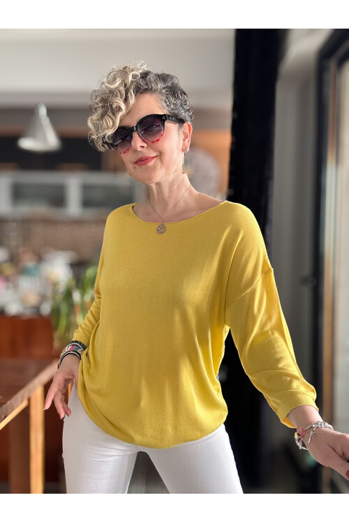 Cuppa Yuvarlak Yaka Mevsimlik Hardal Basic Triko