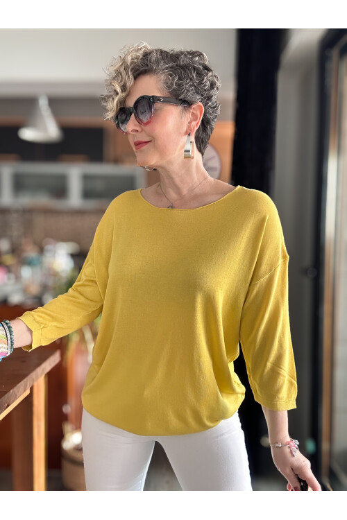 Cuppa Yuvarlak Yaka Mevsimlik Hardal Basic Triko