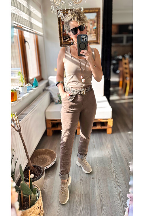 Dani İtalyan Kemer Detaylı Sihirli Pantolon Vizon