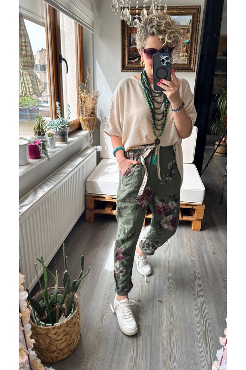 Delli İtalyan Çiçek Desen Haki Yeşil Keten Pantolon