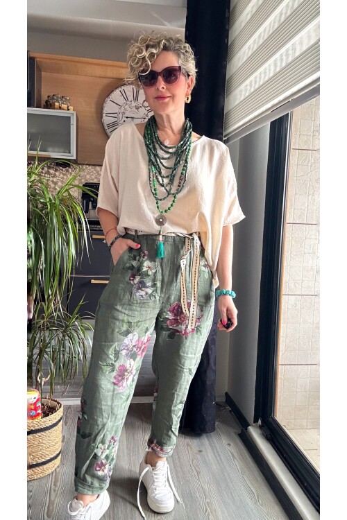 Delli İtalyan Çiçek Desen Haki Yeşil Keten Pantolon