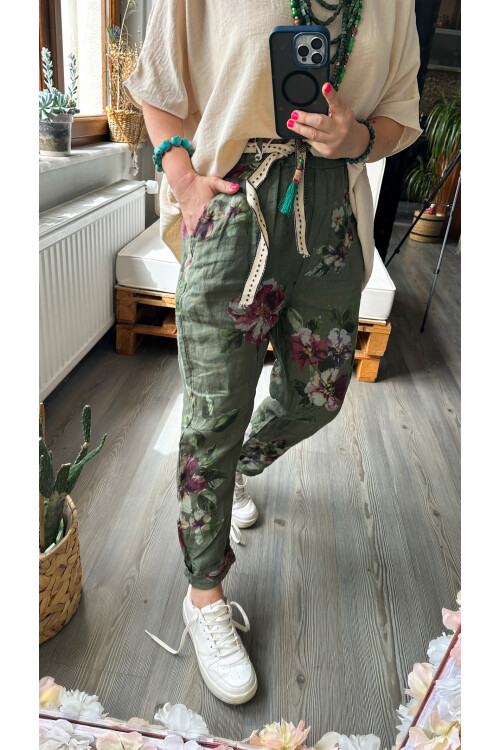 Delli İtalyan Çiçek Desen Haki Yeşil Keten Pantolon