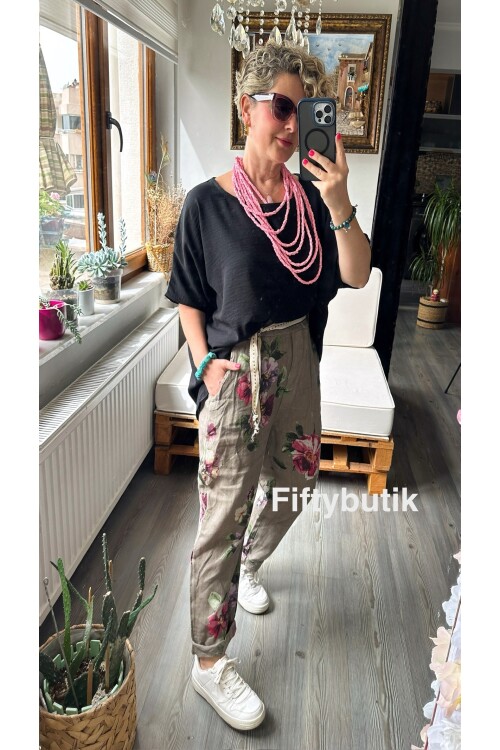 Delli İtalyan Çiçek Desen Vizon Keten Pantolon
