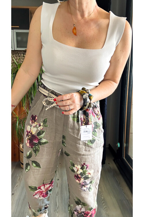 Delli İtalyan Çiçek Desen Vizon Keten Pantolon