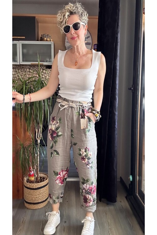 Delli İtalyan Çiçek Desen Vizon Keten Pantolon