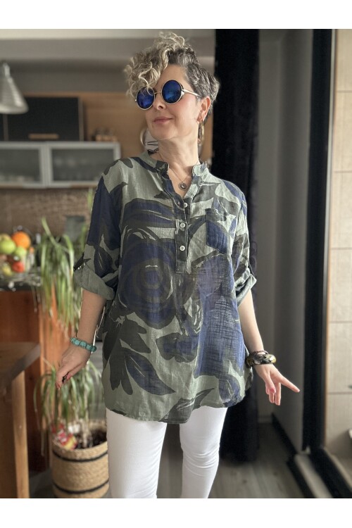 Desci Yaprak Gül Desen İtalyan Gömlek Haki