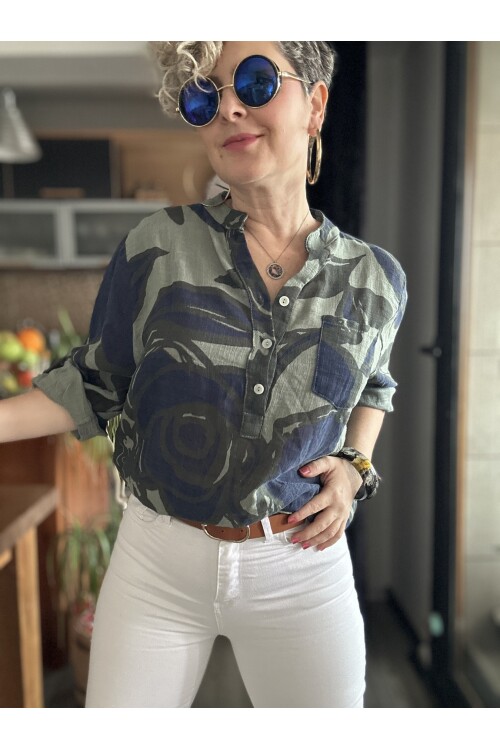 Desci Yaprak Gül Desen İtalyan Gömlek Haki