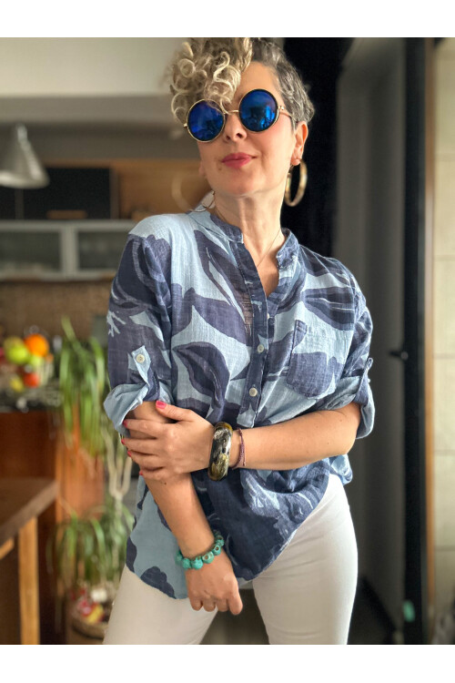 Desci Yaprak Gül Desen İtalyan Gömlek İndigo