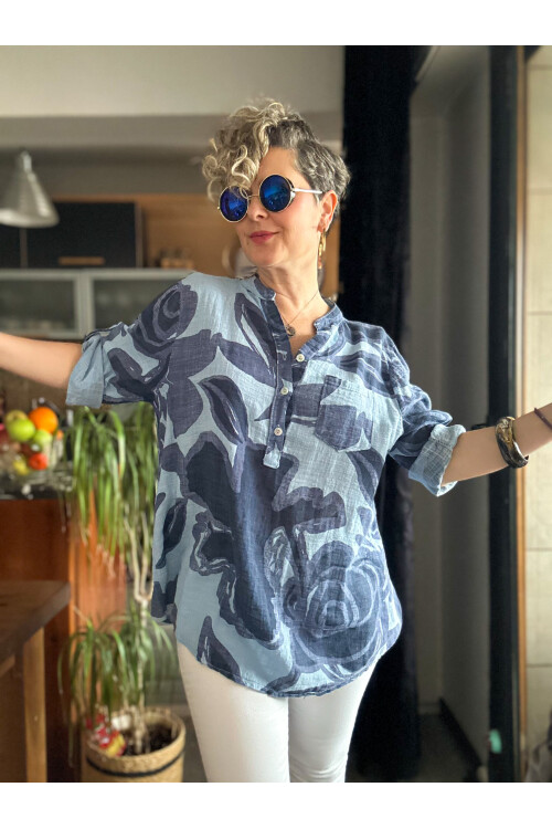 Desci Yaprak Gül Desen İtalyan Gömlek İndigo