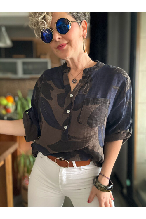 Desci Yaprak Gül Desen İtalyan Gömlek Kahve