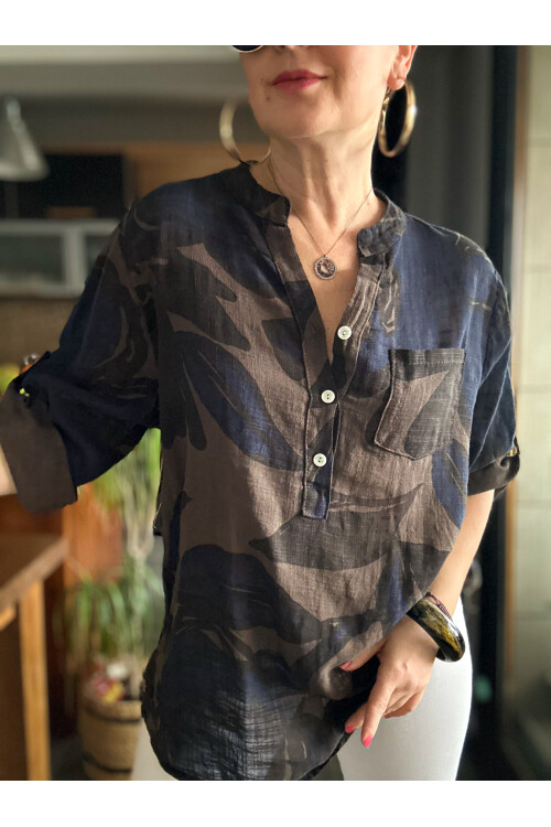 Desci Yaprak Gül Desen İtalyan Gömlek Kahve