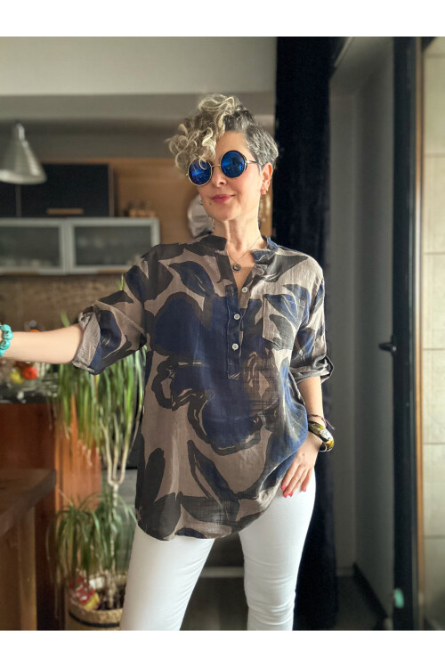 Desci Yaprak Gül Desen İtalyan Gömlek Vizon