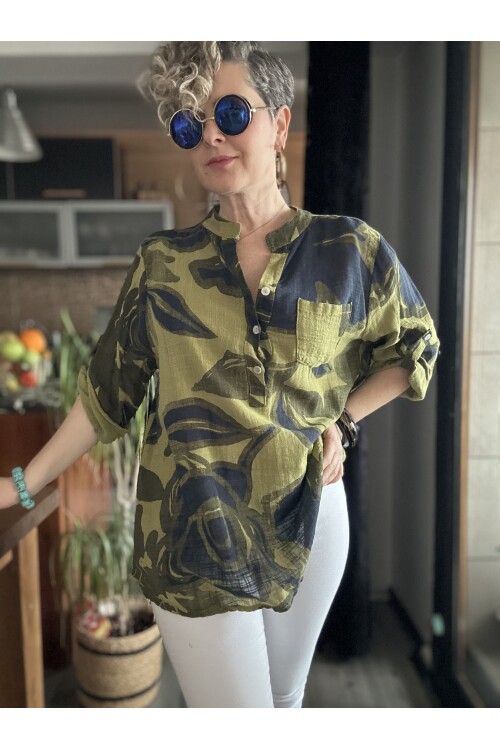 Desci Yaprak Gül Desen İtalyan Gömlek Yağ Yeşil