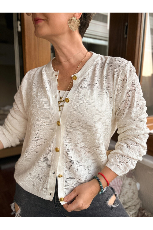 Dilan Gold Düğme Merserize Hırka Ekru