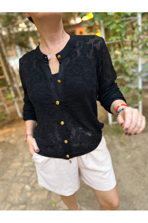 Dilan Gold Düğme Merserize Hırka Siyah