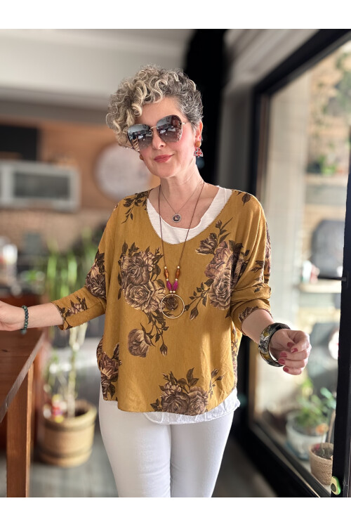 Ento Çiçek Desen Kolyeli İtalyan Bluz Hardal