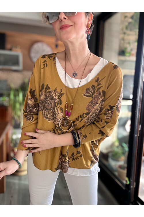 Ento Çiçek Desen Kolyeli İtalyan Bluz Hardal