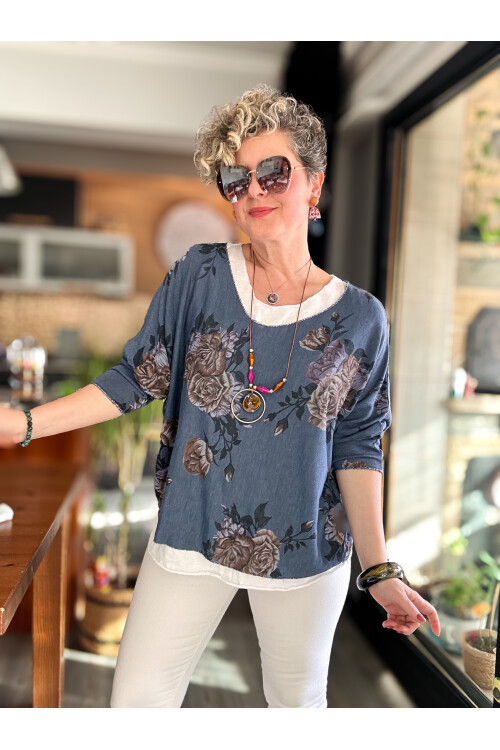 Ento Çiçek Desen Kolyeli İtalyan Bluz İndigo Mavi