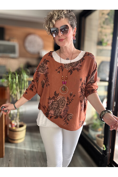 Ento Çiçek Desen Kolyeli İtalyan Bluz Kiremit