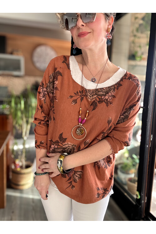 Ento Çiçek Desen Kolyeli İtalyan Bluz Kiremit