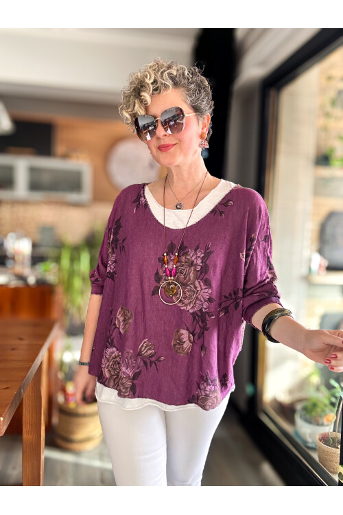 Ento Çiçek Desen Kolyeli İtalyan Bluz Mor