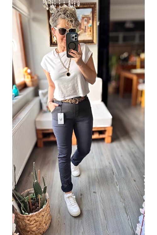 Falco İtalyan Leopar Kemer Detay Sihirli Pantolon Gri